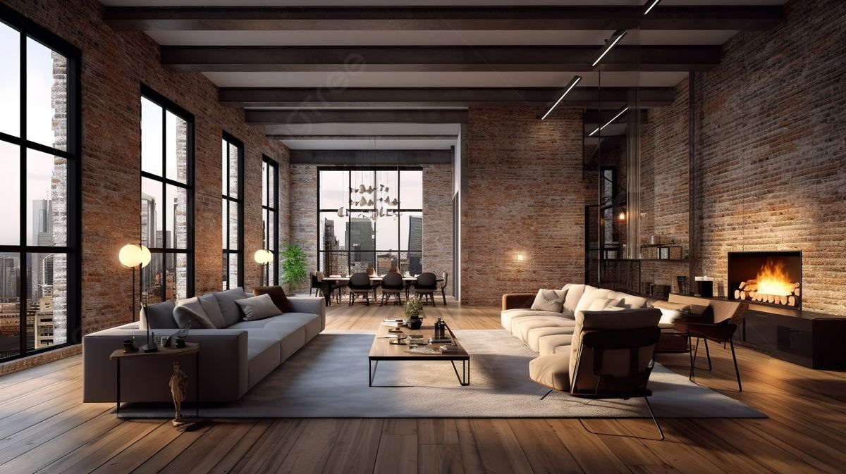 A living room filled with furniture and a fireplace.