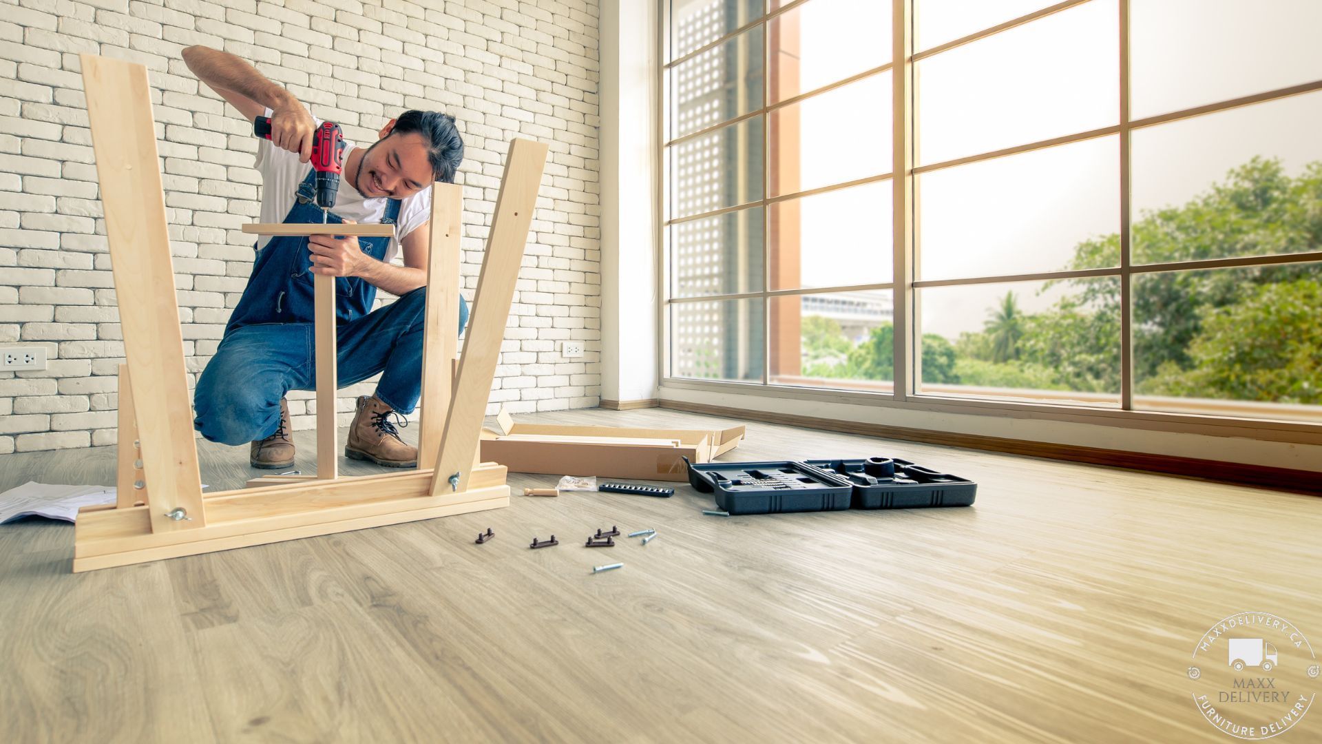 A man is working on a piece of wood with a drill