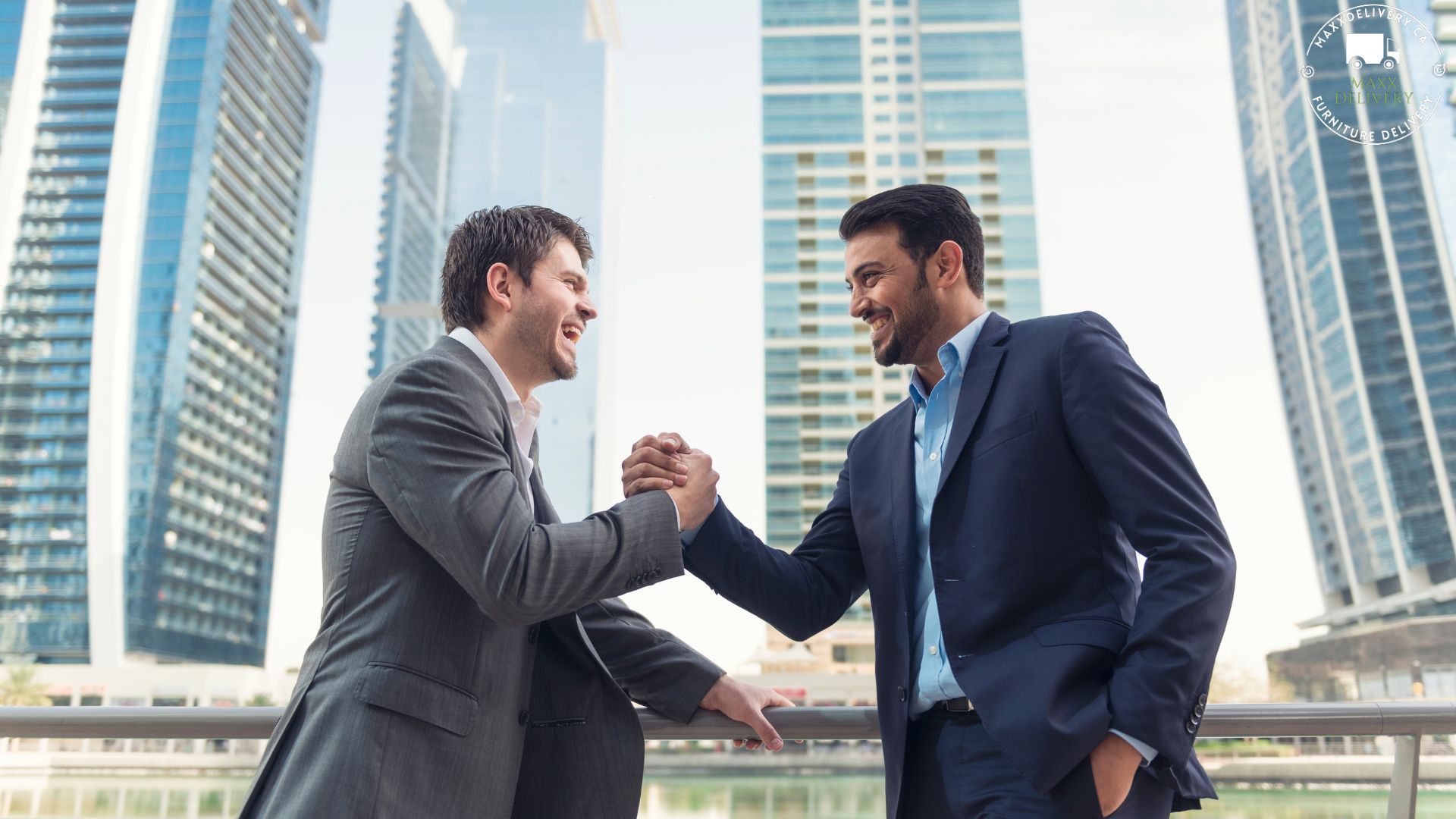 Two men in suits are shaking hands in front of a city skyline.