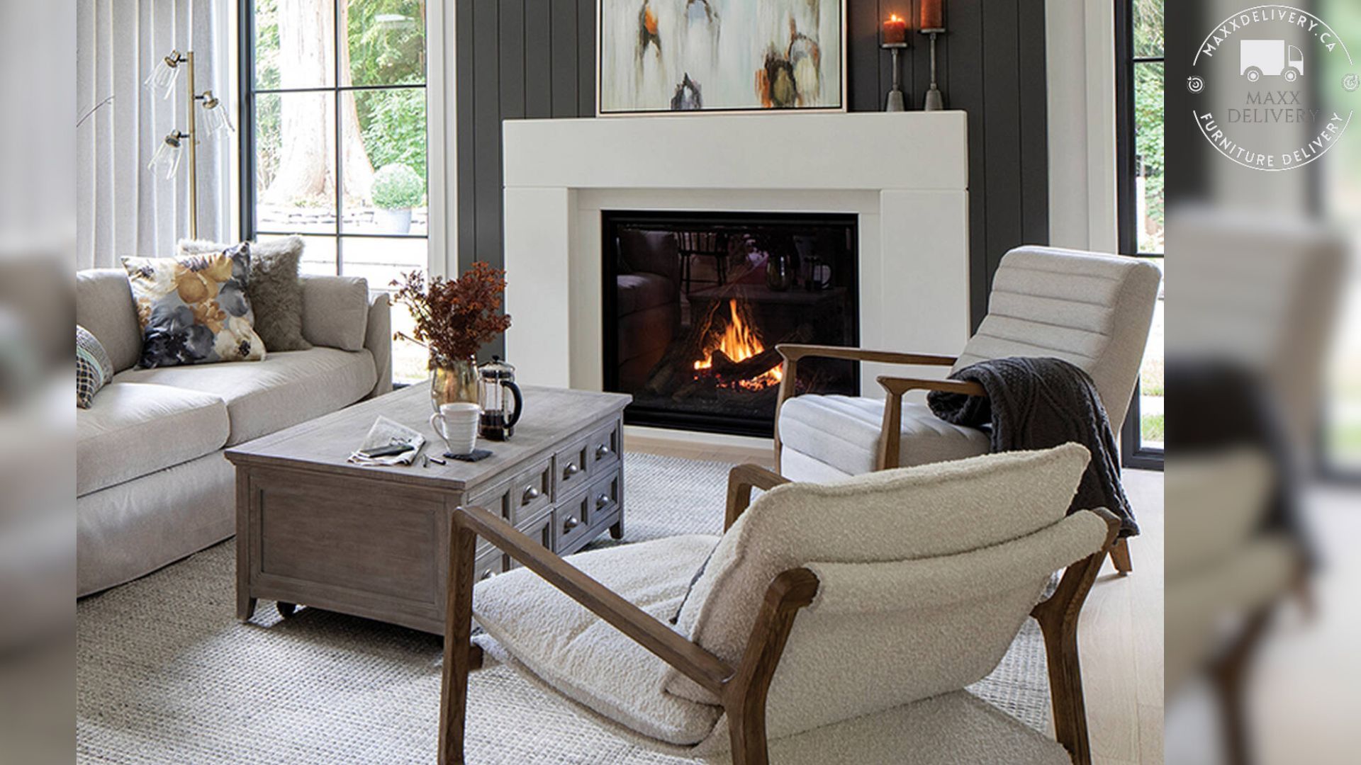 A living room with a fireplace and a couch and chairs