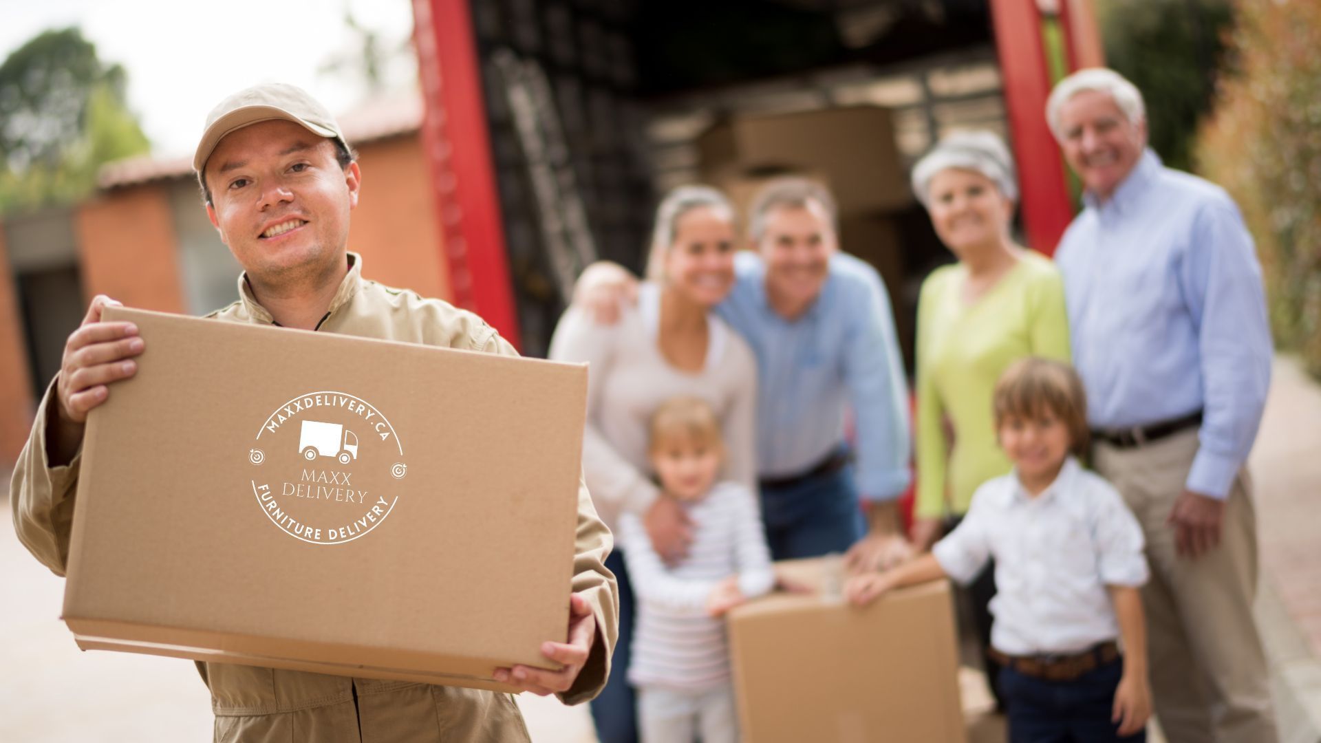 A man is holding a cardboard box in front of a group of people