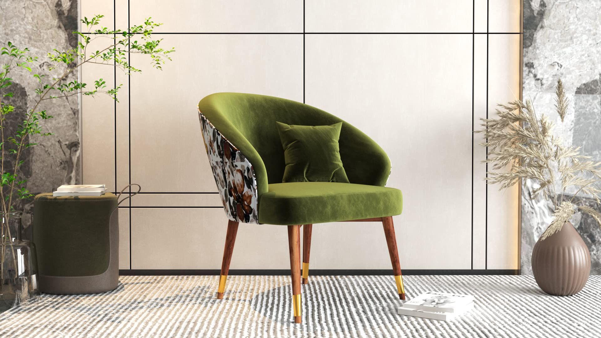 A green chair is sitting in a living room next to a potted plant.