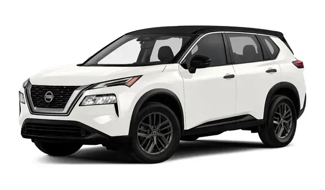 A white nissan rogue suv is shown on a white background.