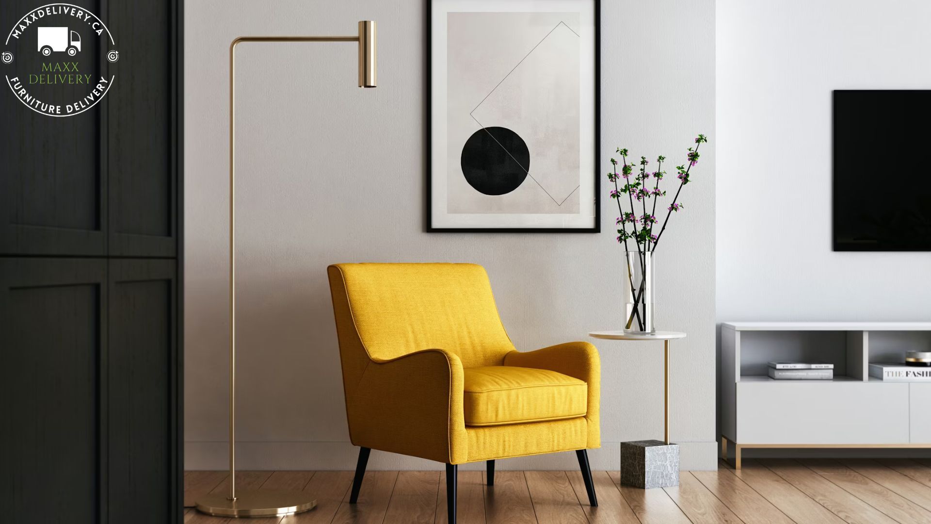 A living room with a yellow chair and a lamp