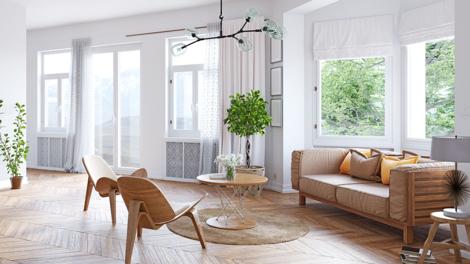 A living room with a couch , chairs , and a table.