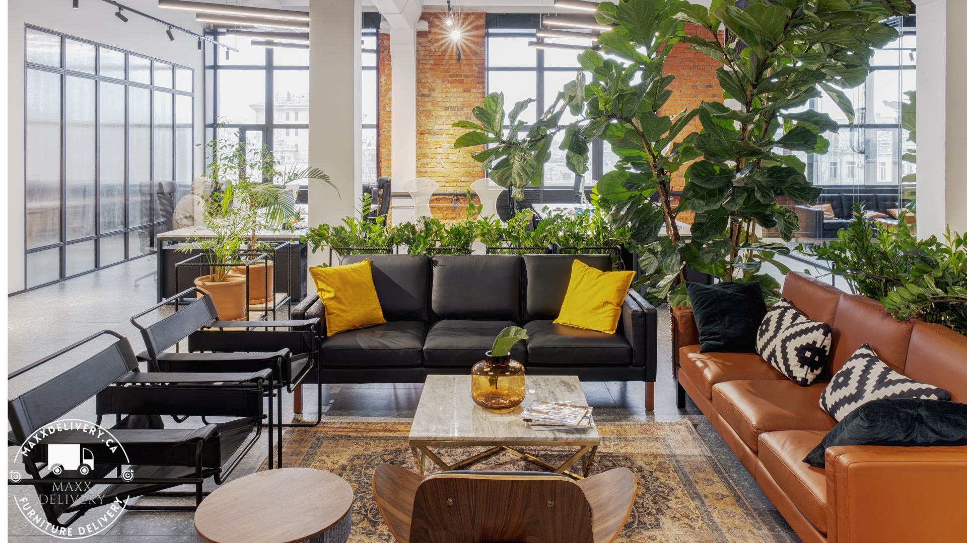 A living room with a couch and a coffee table