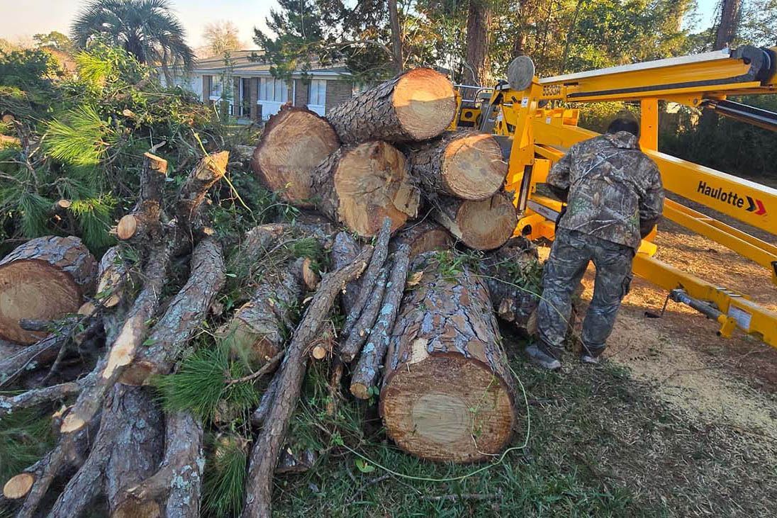 A person in camouflage clothing stands next to a stack of freshly cut pine logs and yellow tree trimming equipment.