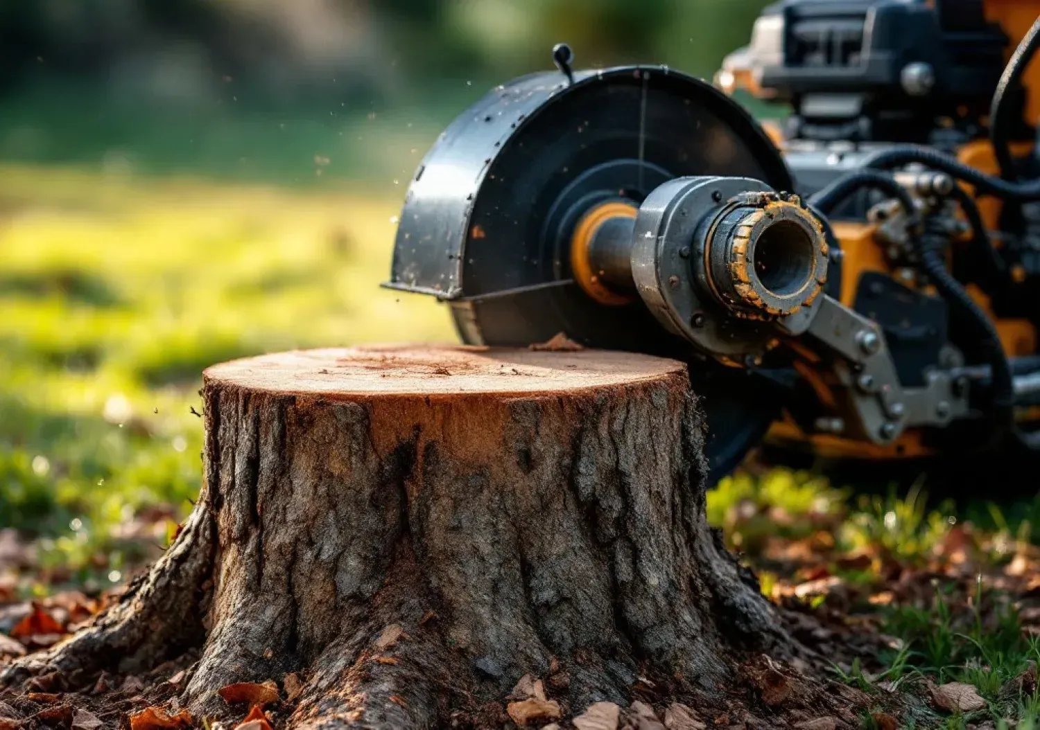 A stump grinder positioned to remove a tree stump in a grassy outdoor area.