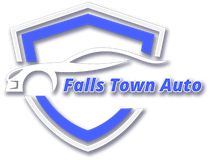 Logo for Falls Town Auto: white car silhouette, blue shield, white outline, and text.