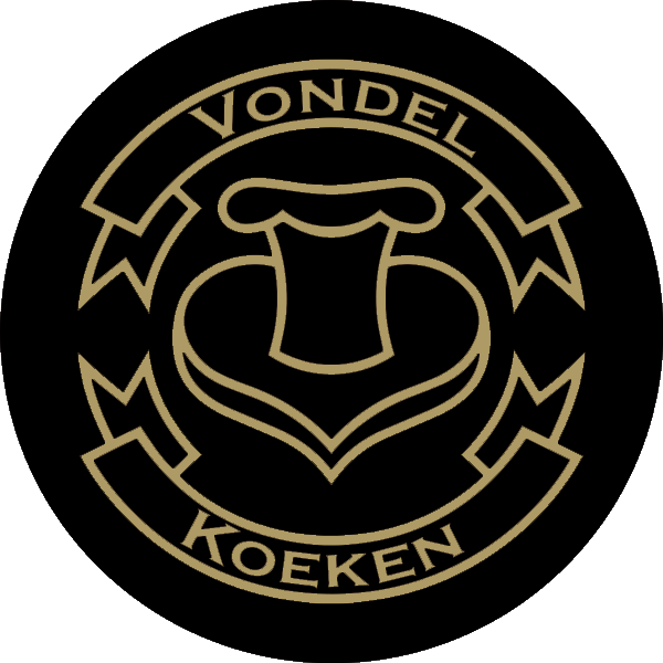 A black and gold logo for vondel koeken