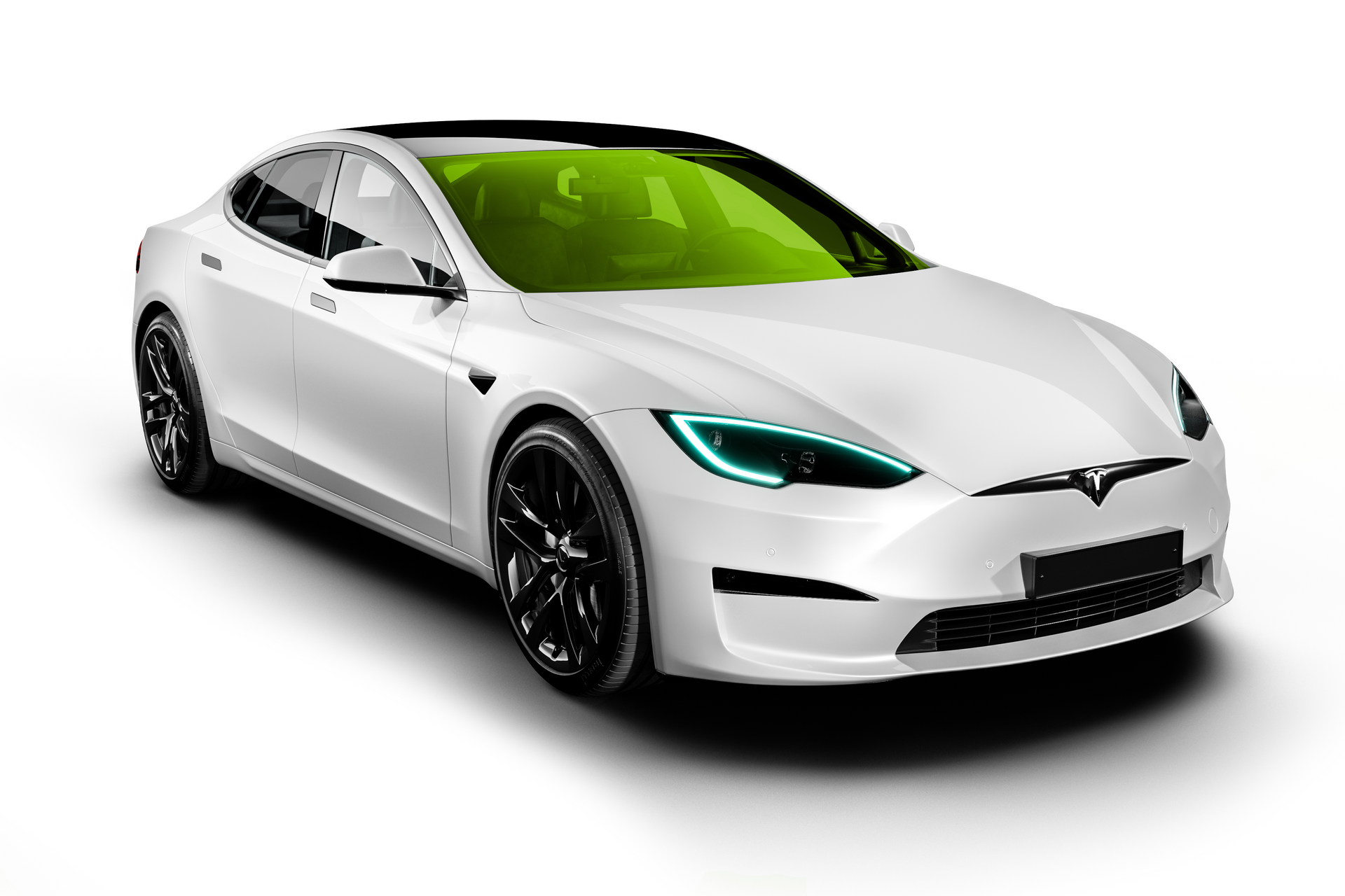 A white tesla model s with red full windshield tint on windows