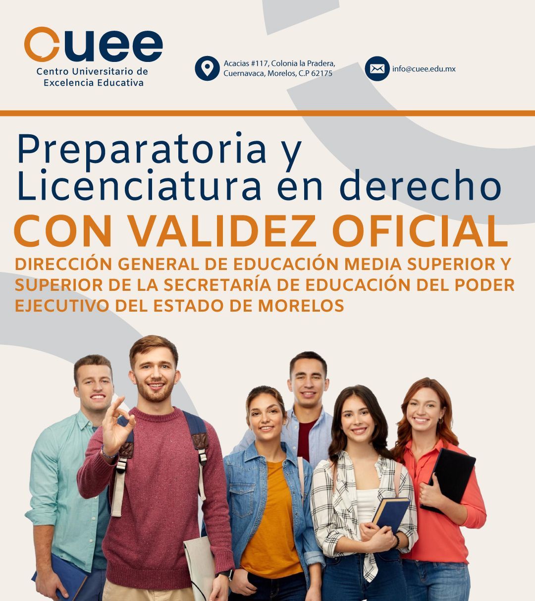 A group of people standing next to each other on a poster that says preparatoria y licenciatura en derecho con validez oficial sep