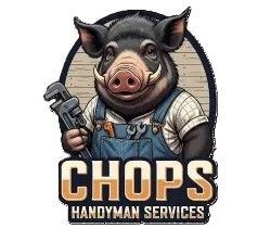Cartoon pig in overalls holding a wrench, logo for Chops Handyman Services.