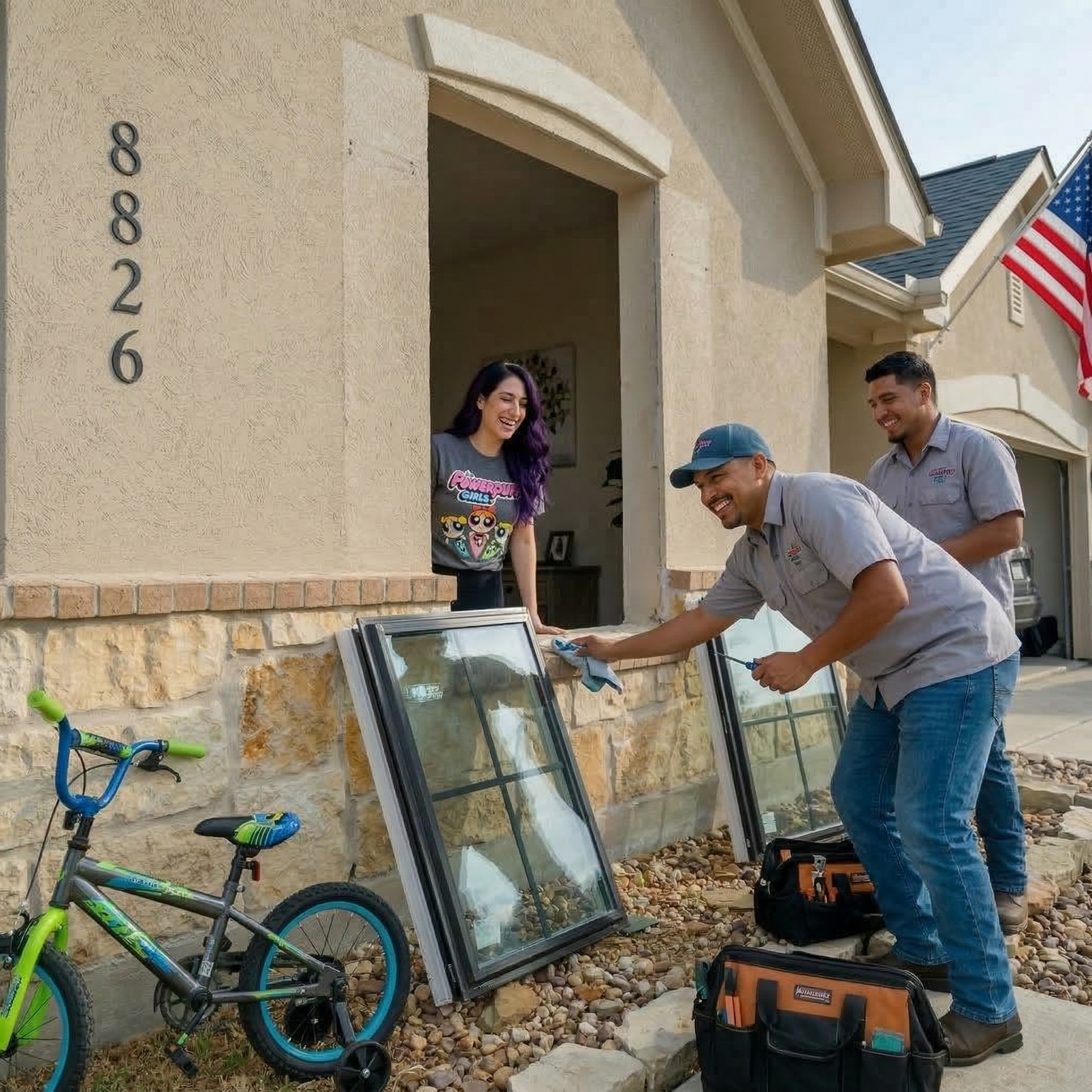 Two technicians installing a new home window as a person watches from inside, with a bicycle parked on the lawn nearby.