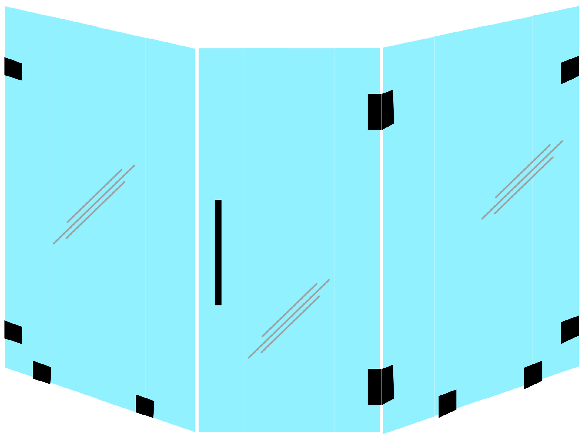 A drawing of a glass shower door with a handle on a white background.