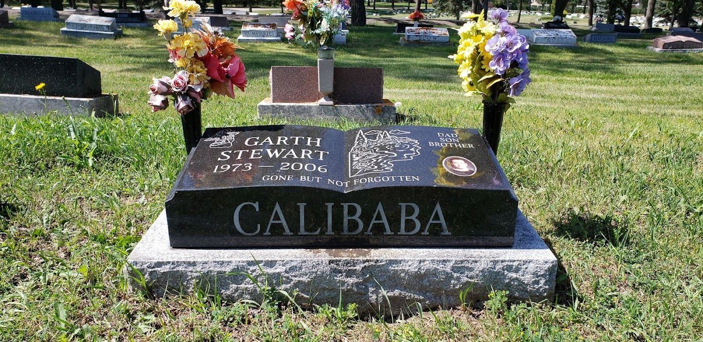 A black tombstone with the name 