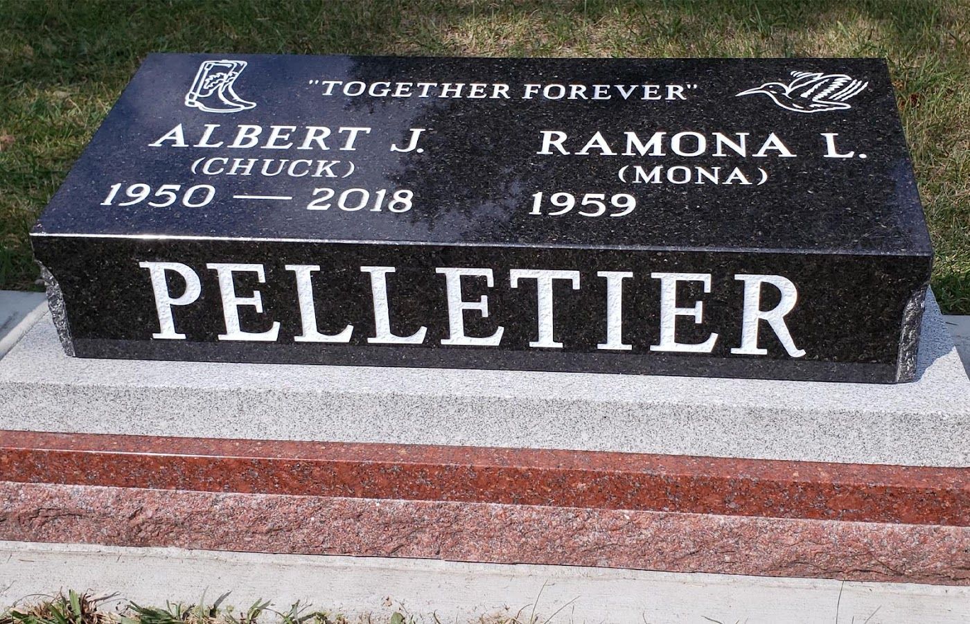 Headstone for Albert J. and Ramona L. Pelletier; black granite, 