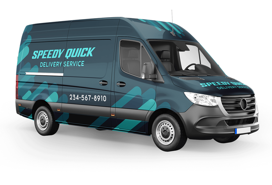 A dark teal delivery van with light blue patterns, branded 