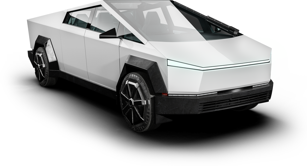 White Tesla Cybertruck with a sharp, angular design.