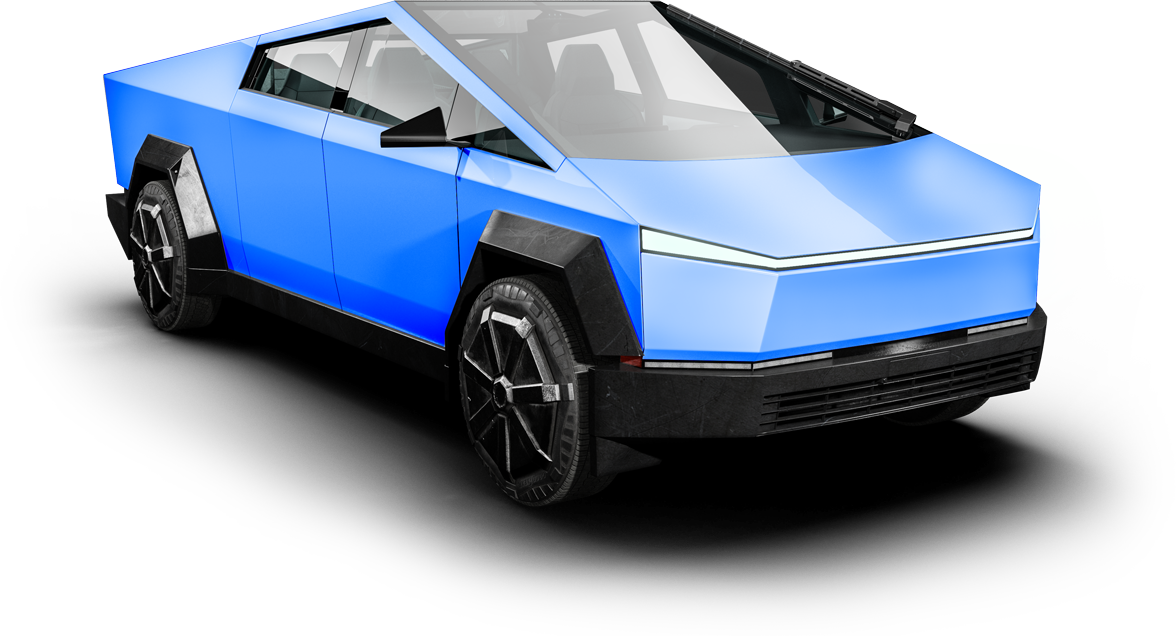 Blue Tesla Cybertruck, angled view, with white interior and black wheels.