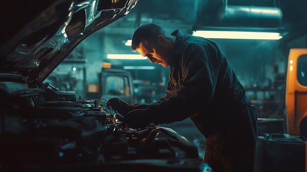 A mechanic in a garage uses a flashlight to inspect the open engine bay of a car.