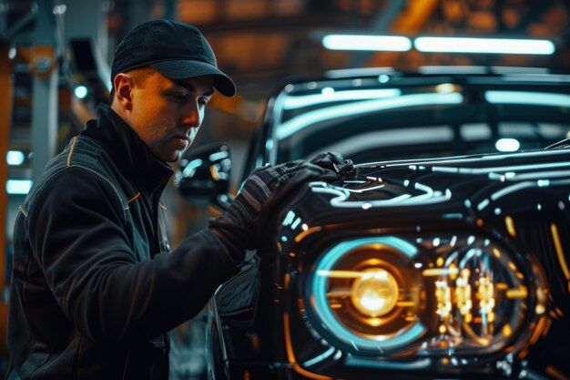 A mechanic in work gear inspects the front headlight of a black vehicle in a dimly lit, professional garage.