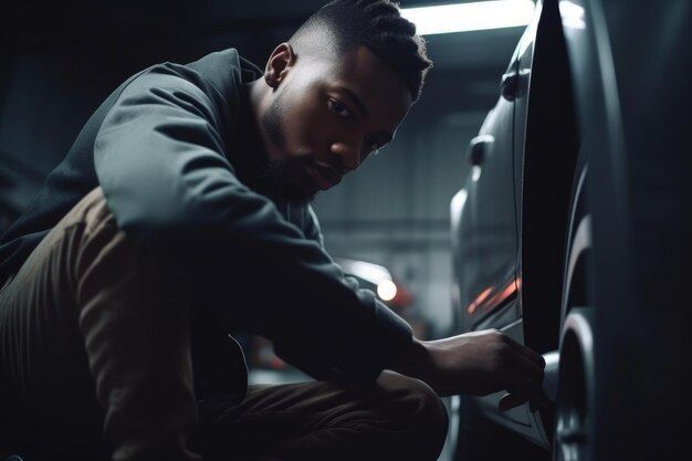 A mechanic in a blue uniform uses an impact wrench to tighten the lug nuts on a car wheel in a garage.