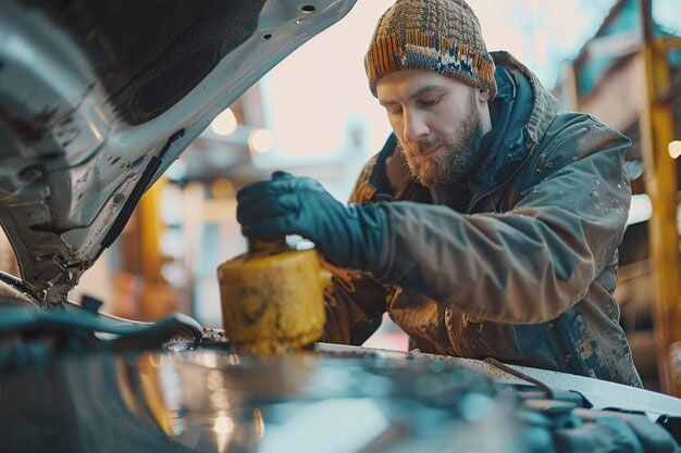 A person in a beanie and jacket wearing work gloves, focused on repairing a car engine under an open hood.