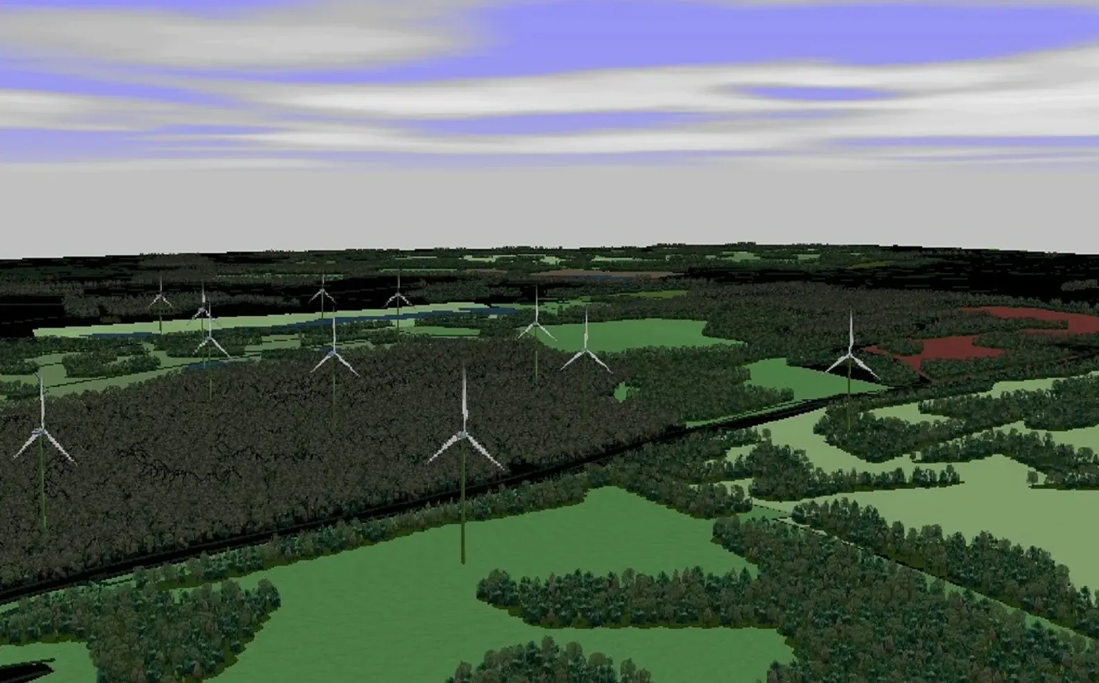 Aerial Model View with trees and turbines