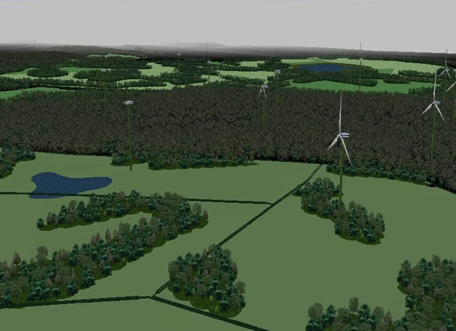 Aerial View of Model with trees and wind turbines