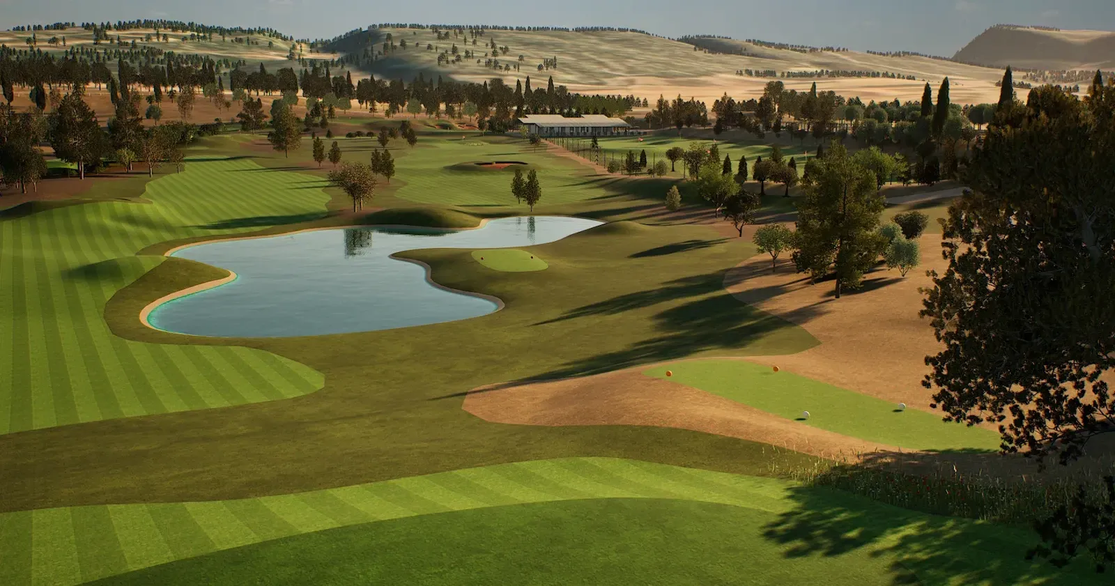 model view of a golf course with lake