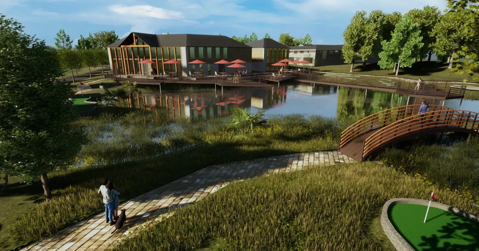 view over pond with bridge