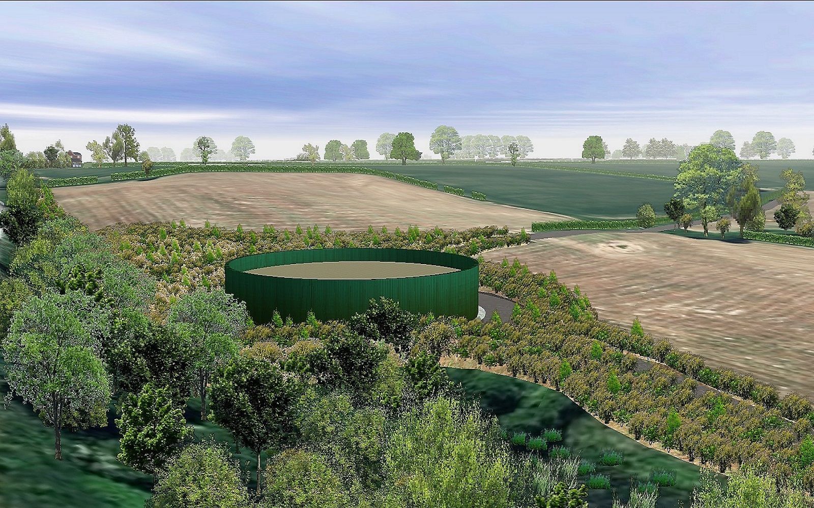 Computer model of storage tank in agricultural landscape