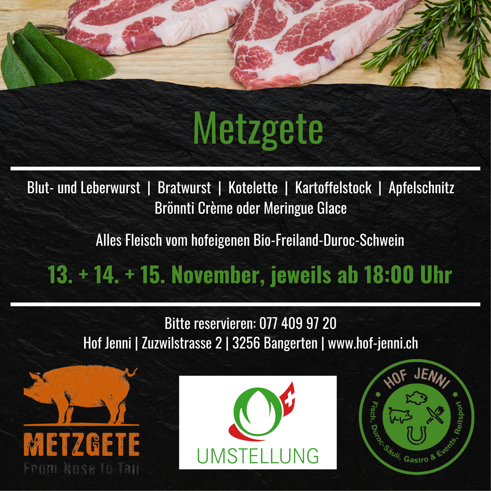 Ein Bild eines Schweins mit den Worten „Metzgete“ von der Nase bis zum Schwanz darunter.