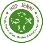 Ein grüner Kreis mit einem Schwein, einem Fisch, einem Hufeisen und einer Gabel darin.