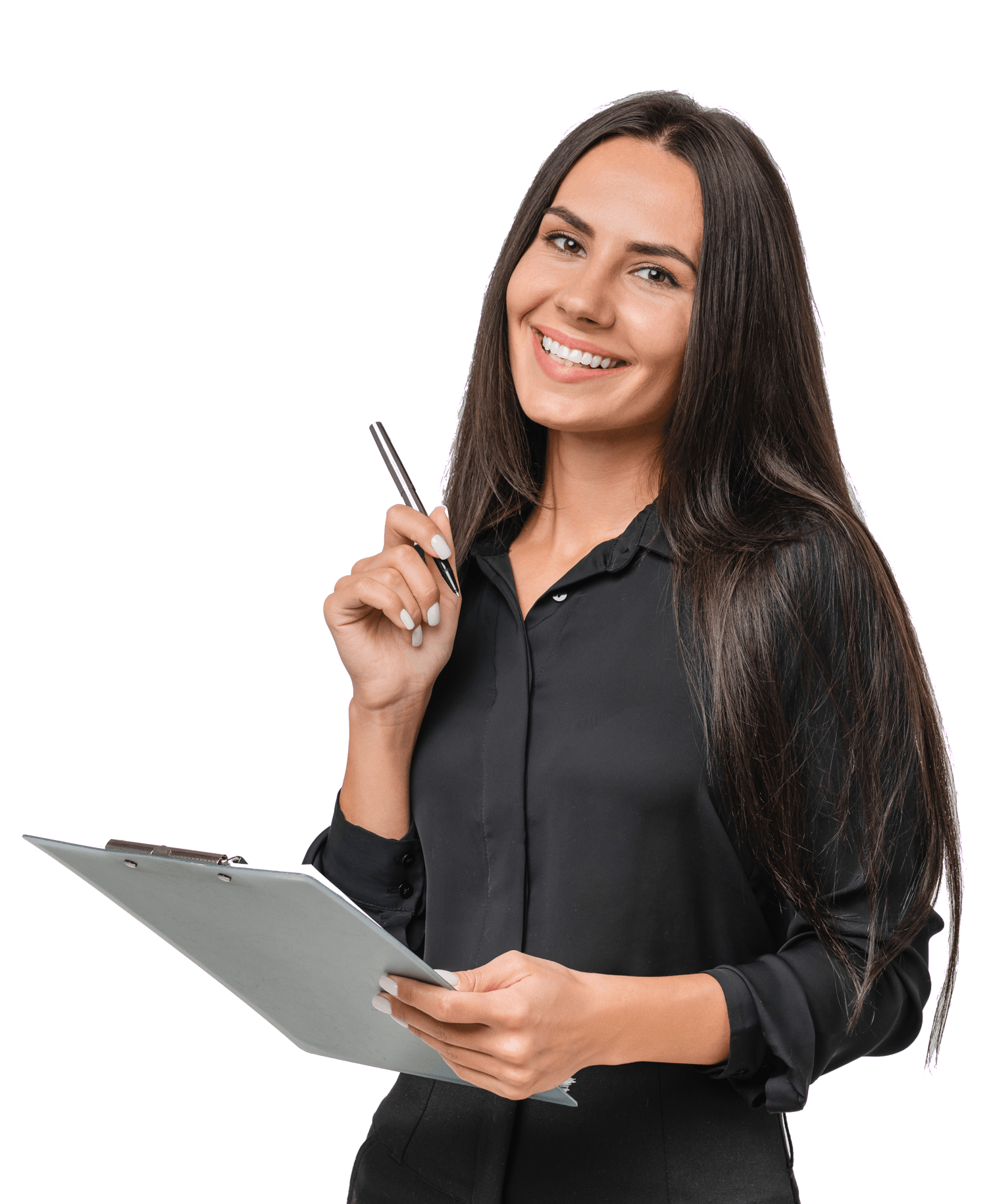 Happy Woman Holding Pen and Board