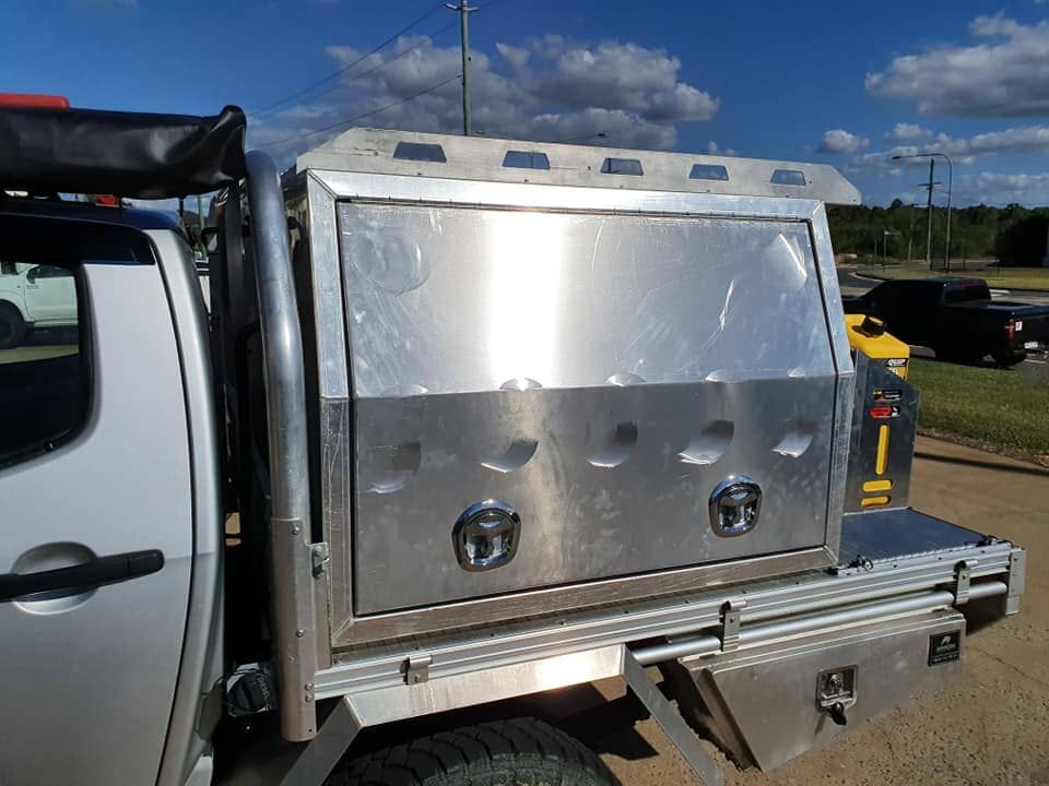 A White Truck with A Stainless Steel Toolbox on The Back — K & S Sheetmetal in Gladstone Central, QLD