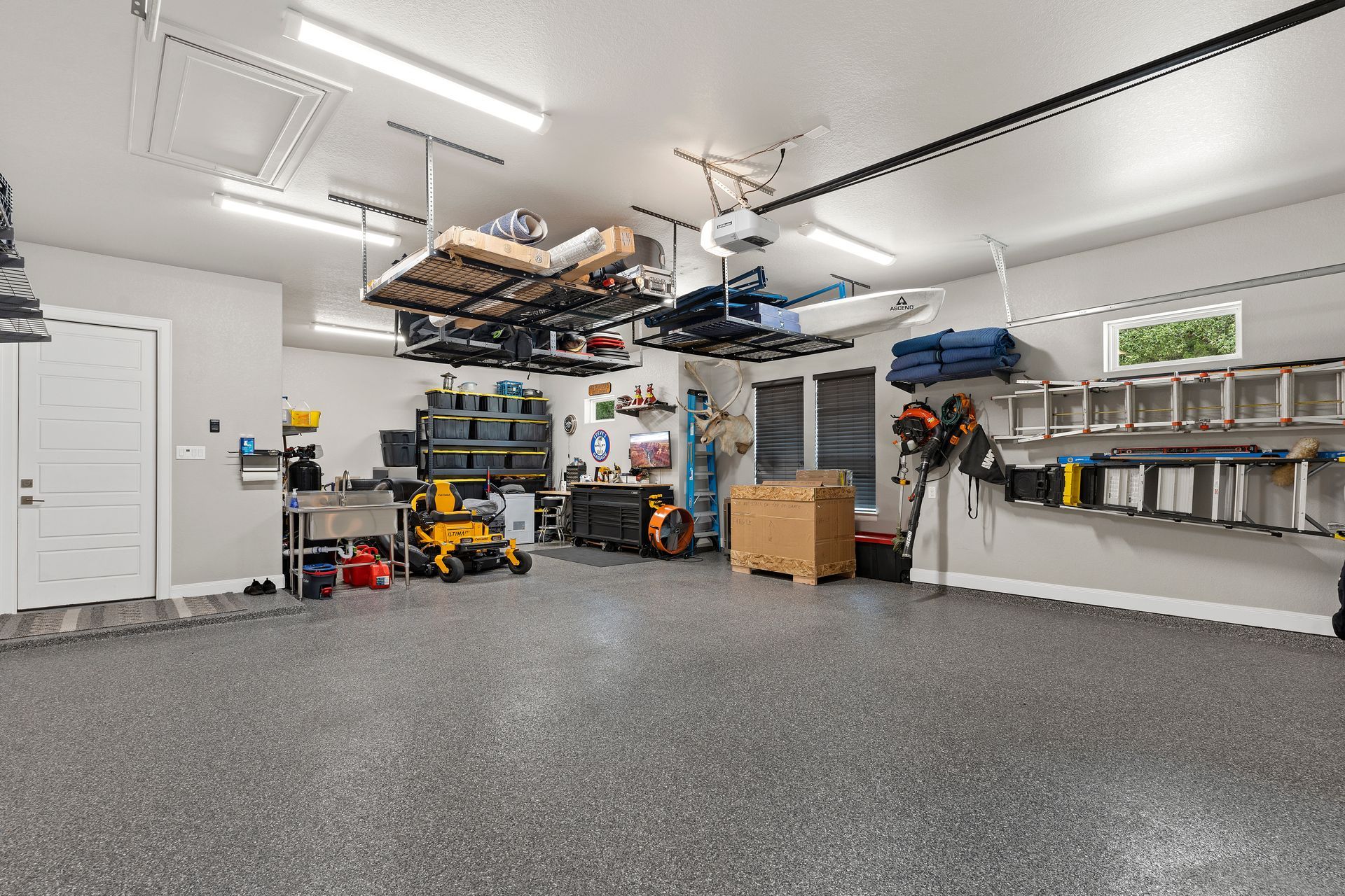 A large garage filled with tools.