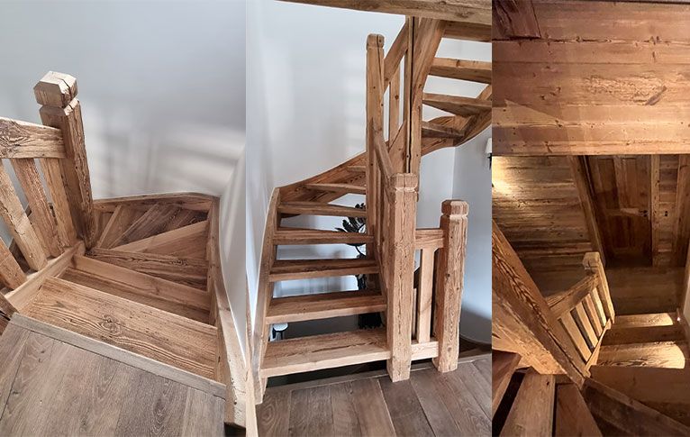 Escalier en colimaçon en bois dans une maison.