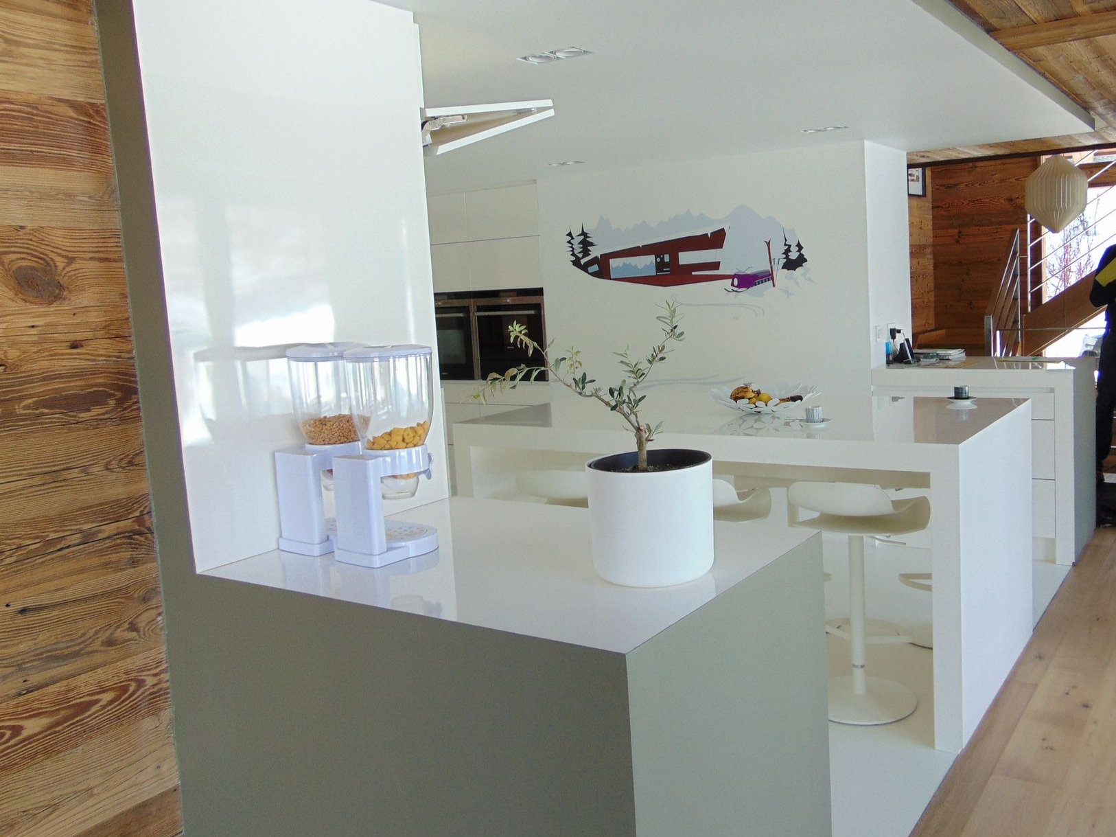 Cuisine blanche moderne avec comptoir intégré, plante et distributeur de céréales.