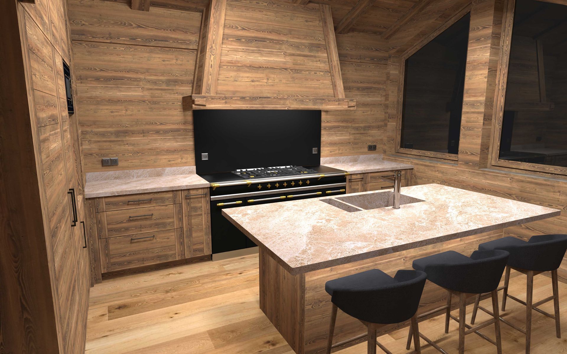 Cuisine chaleureuse avec lambris, plans de travail, îlot central avec sièges et grande cuisinière.