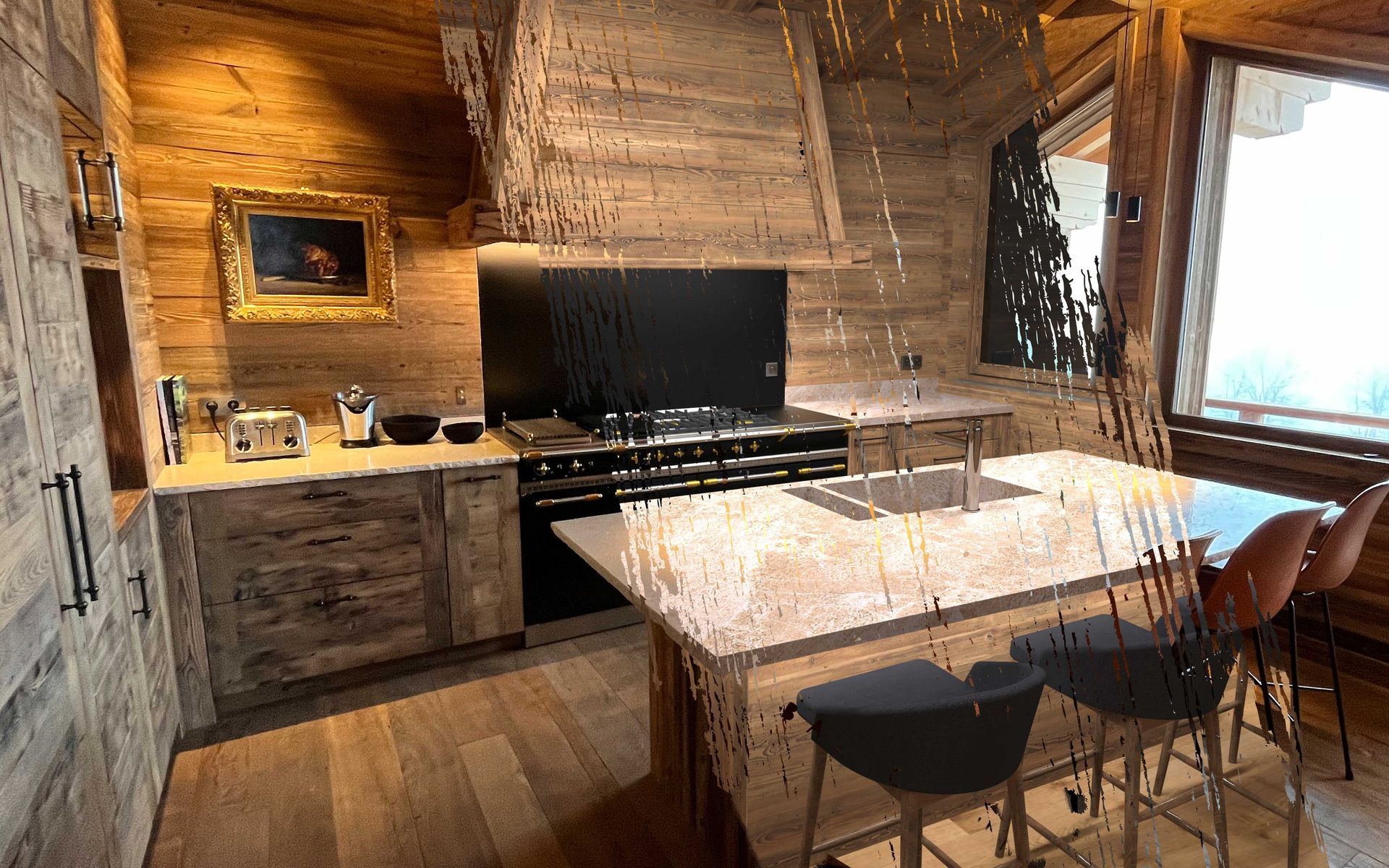 Cuisine rustique avec placards en bois, appareils électroménagers en acier inoxydable et îlot central avec tabourets de bar.