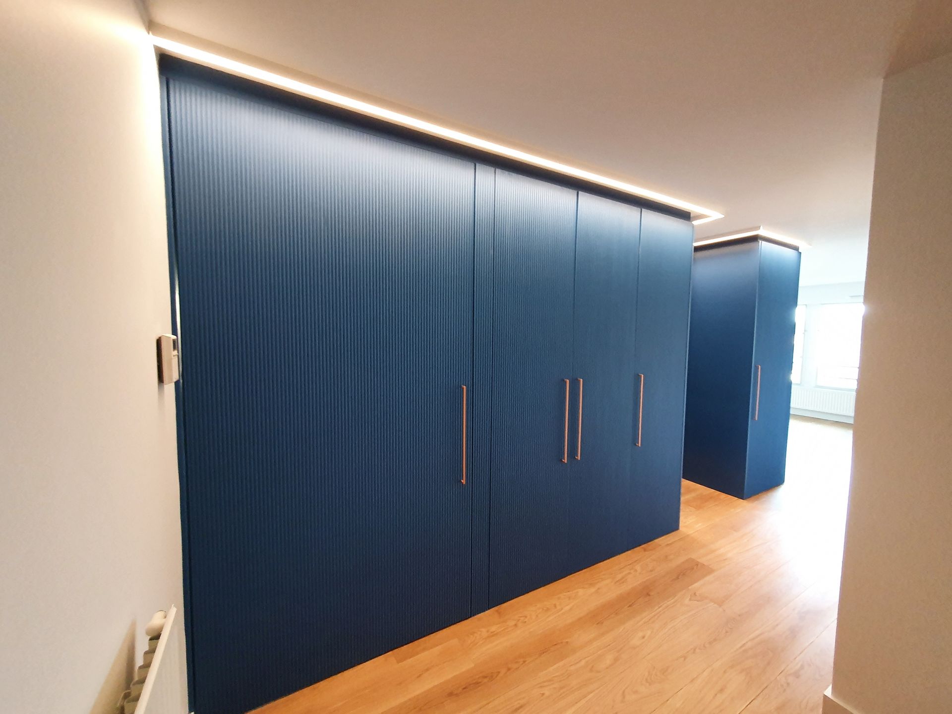 Des portes de placard bleues dans un couloir avec parquet et éclairage au plafond.