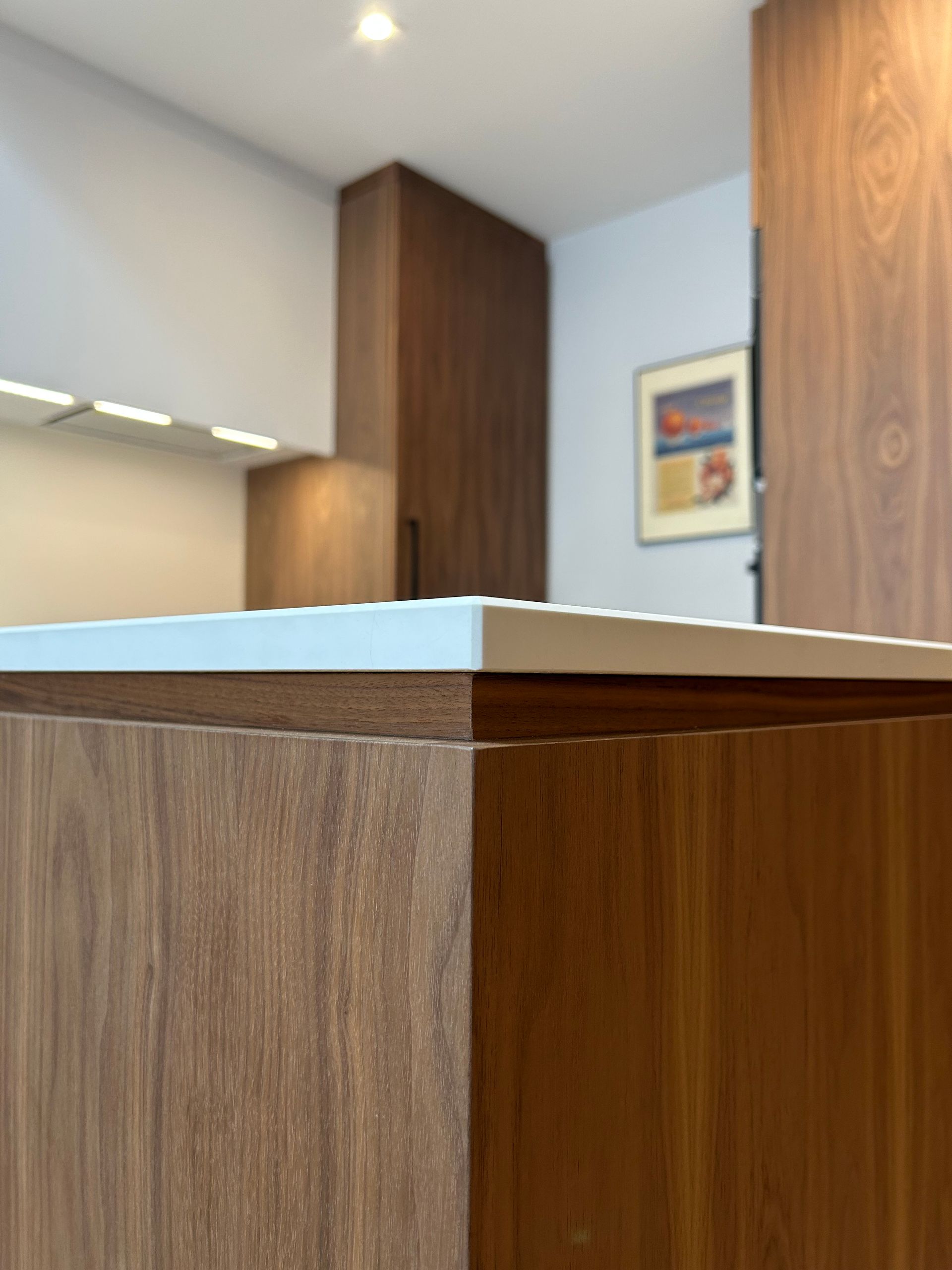 Gros plan d'un comptoir de cuisine moderne avec une armoire en grain de bois et une surface blanche.