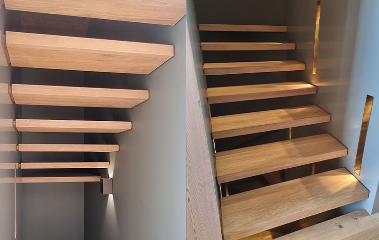 Escalier flottant en bois avec éclairage intégré, deux sections ascendantes, installé entre les murs.