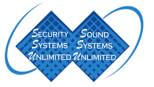 Blue Security Systems Unlimited and Sound Systems Unlimited logo with overlapping diamond shapes and swooshing oval lines