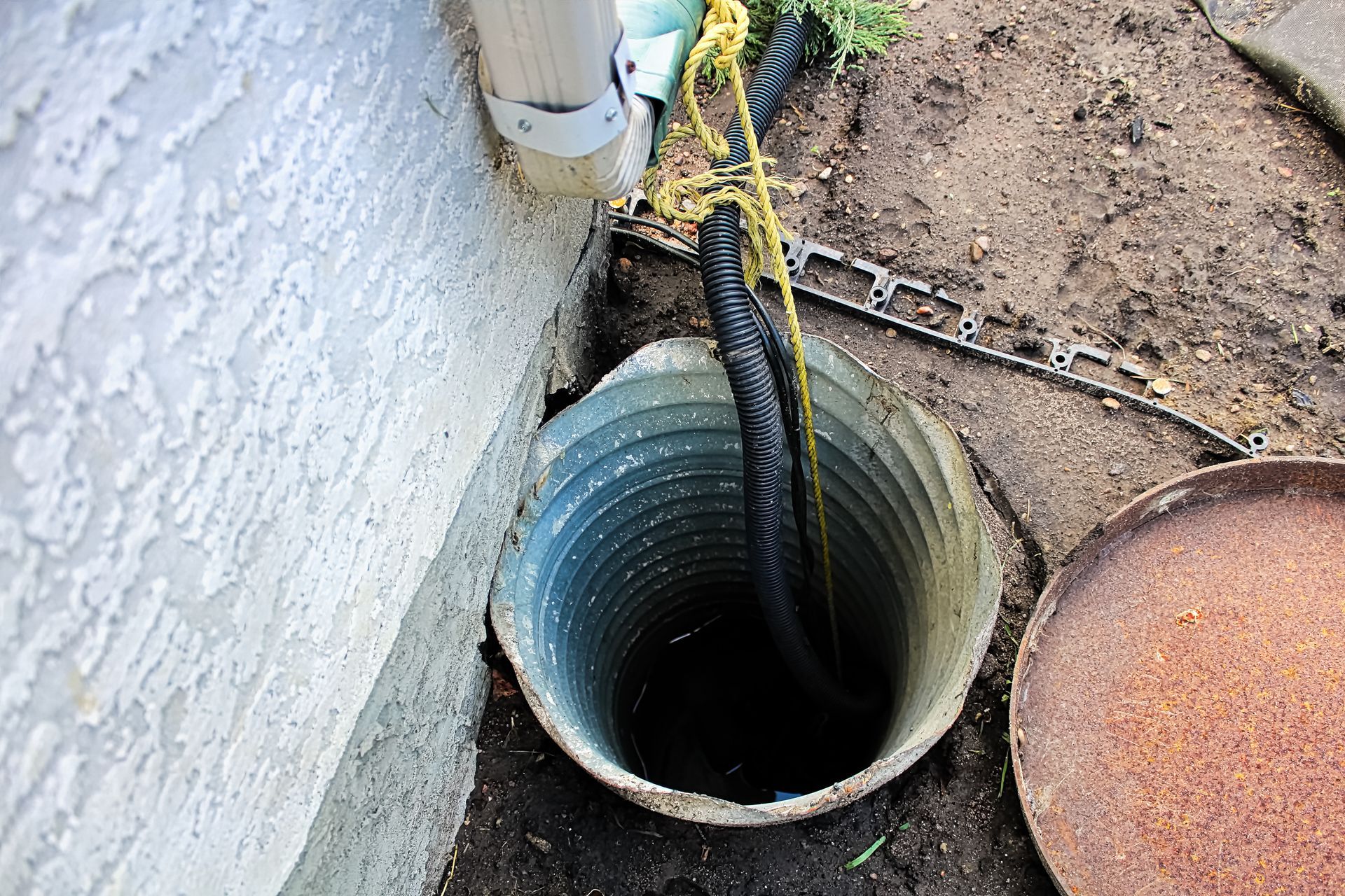 Open drainage pipe next to a white wall; black hose and yellow rope hang into it. Brown soil surrounds.