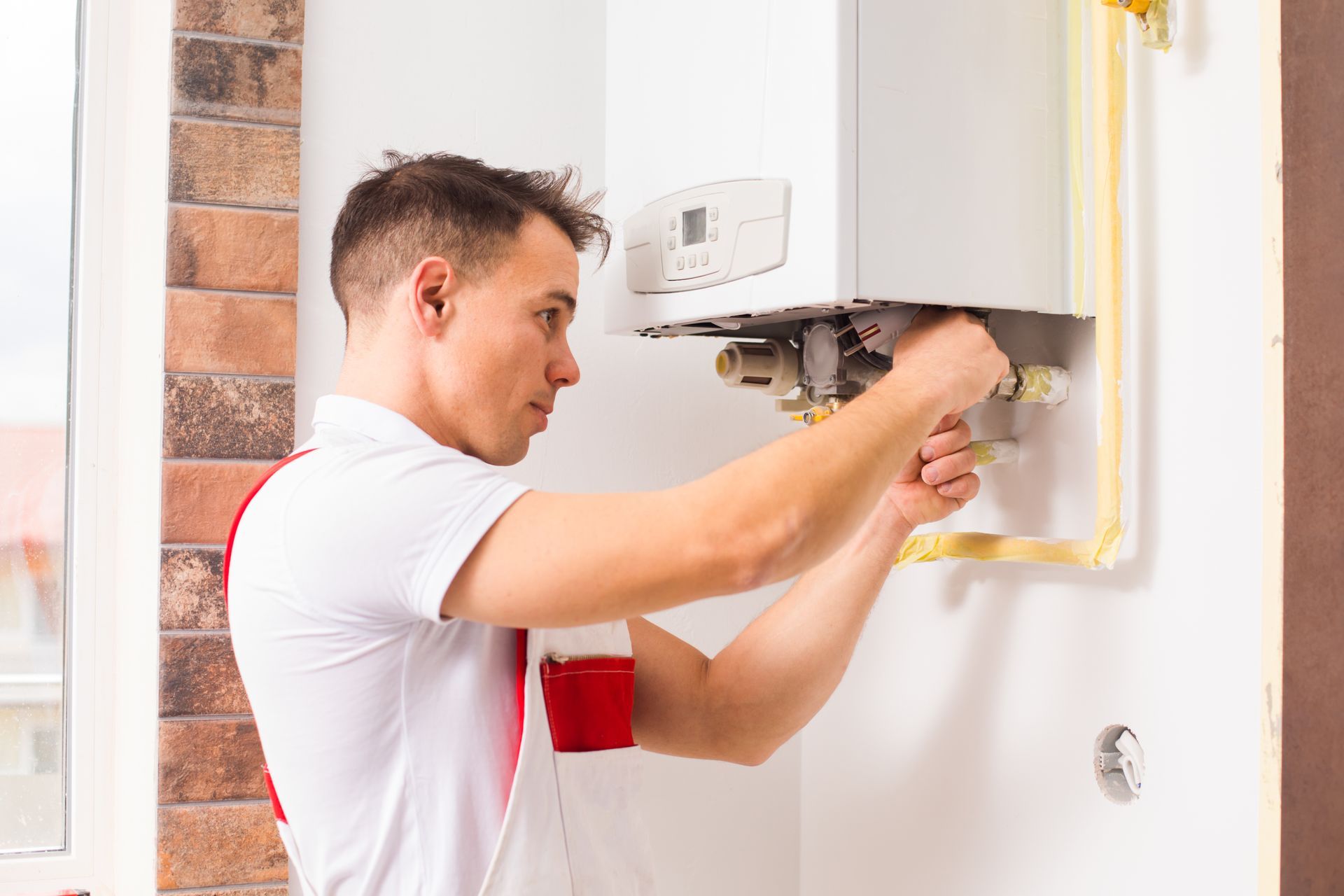 Man in white shirt repairs a wall-mounted boiler, near exposed gas pipes, indoors.