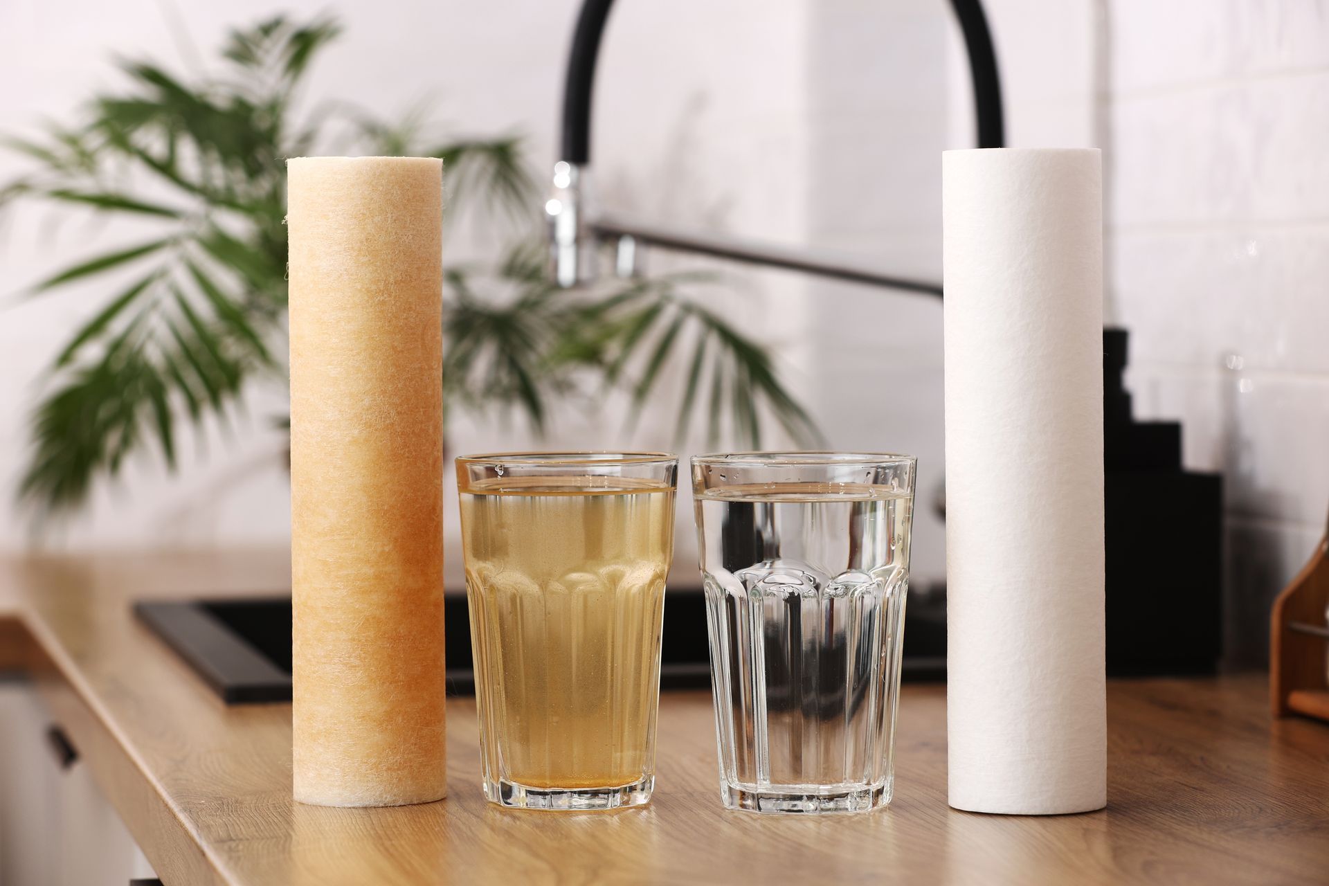 Two water filter cartridges and glasses of unfiltered and filtered water on a counter.
