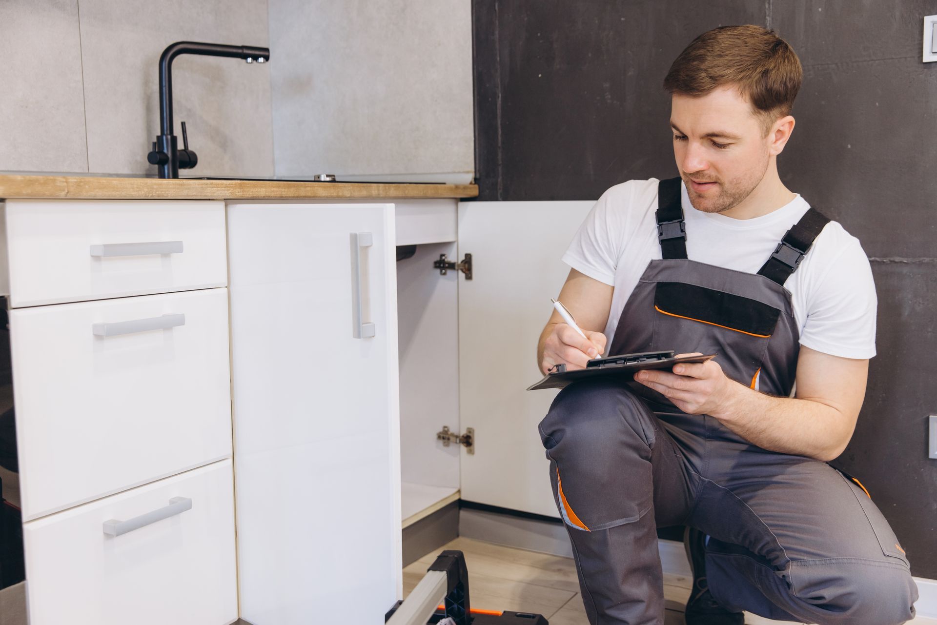 Plumber kneeling by a sink, inspecting pipes. He’s taking notes on a clipboard in a kitchen.